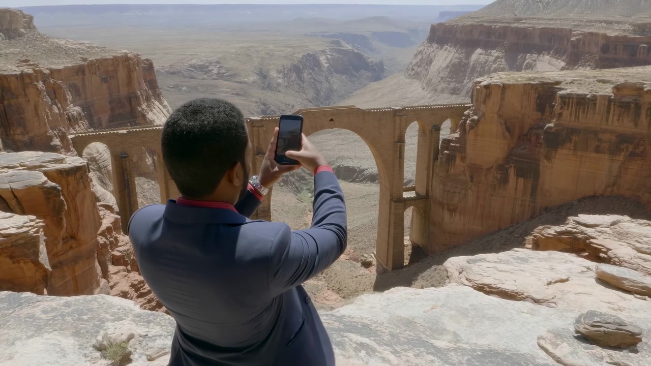 Vista da dietro, una persona stabilizza un telefono verso il ponte mentre si trova su una roccia chiara sopra il canyon, con scogliere a strati e un ampio paesaggio arido visibili in piena luce diurna