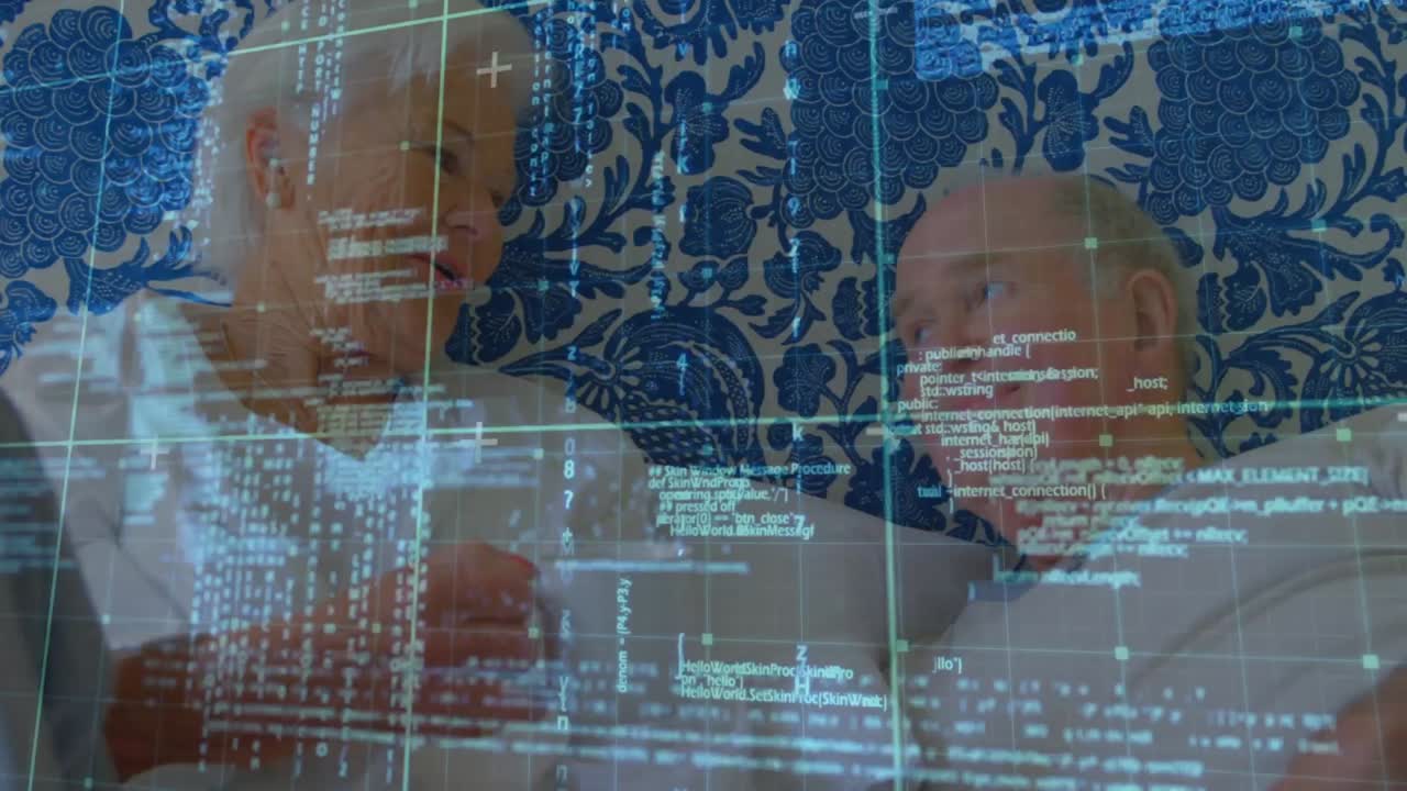animación del procesamiento de datos sobre una pareja de ancianos caucásicos hablando