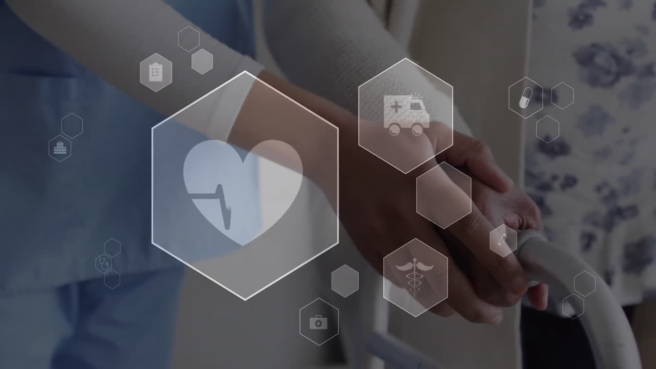 고령 환자 의 기 를 돕는 백인 간호사 의 손 위 에 있는 육각형 의 아이콘 의 애니메이션