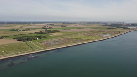 Luftaufnahme-Von-Ackerland,-Das-Durch-Einen-Langen-Deich-Vor-Wasser-Geschützt-Ist