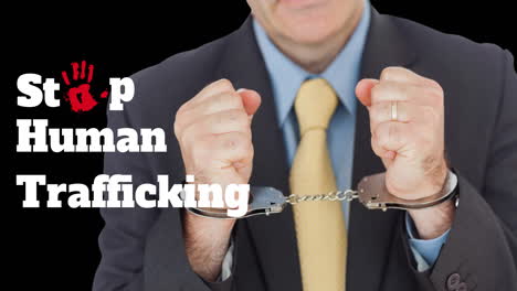 animation of stop human trafficking text over caucasian man with handcuffs