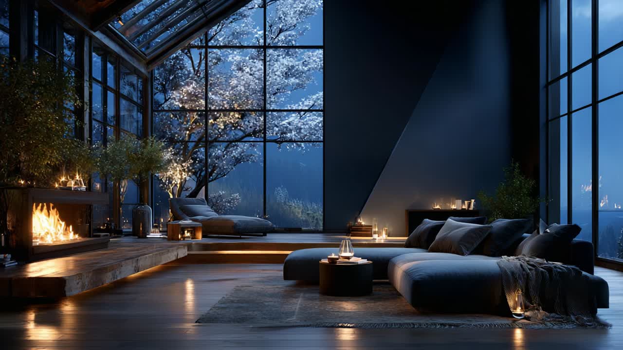 A Cozy Modern Living Space at Night Featuring a Large Glass Wall Overlooking a Winter Landscape with Soft Lighting, Natural Elements, and a Warm Fireplace for Ultimate Relaxation and Comfort