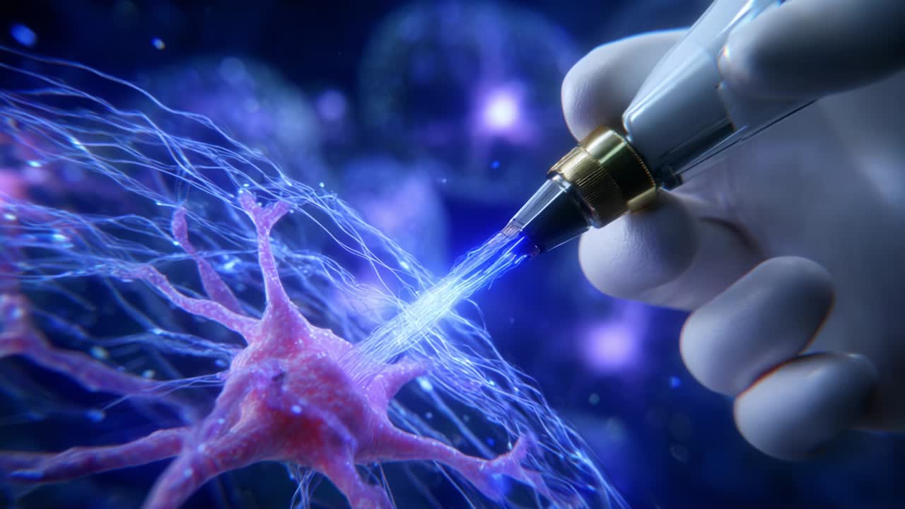 A close-up view of a vibrant neuron being stimulated with a high-tech syringe, showcasing the intricate details of the nervous system and the interaction between technology and biology in a stunning visual representation