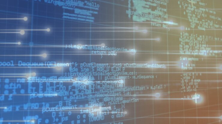 Animation af databehandling over blå og orange baggrund