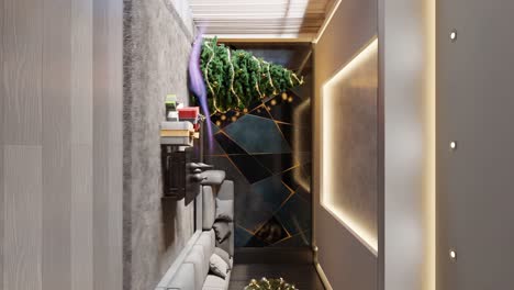 modern christmas decorated living room with presents and xmas magic - 3d render vertical
