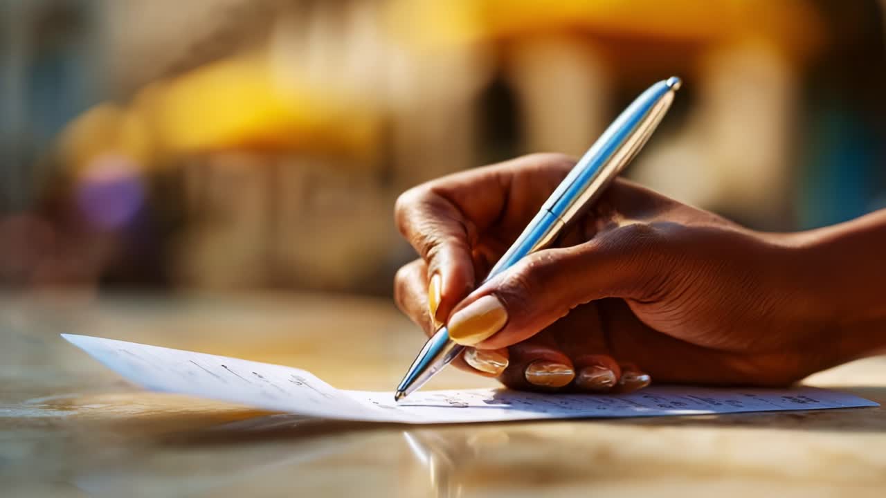 Capturing the Essence of Writing: A Close-Up of a Hand Holding a Silver Pen While Writing on Paper in a Beautiful Outdoor Setting with Soft Lighting