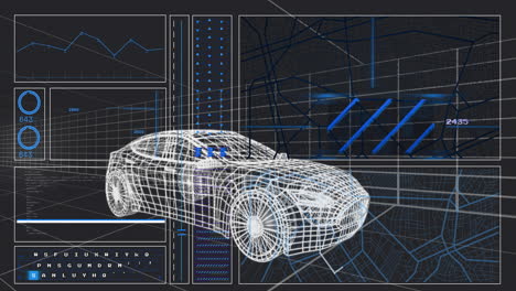animazione di grafici, numeri mutevoli, cerchi di carico e linee con modello 3d di auto