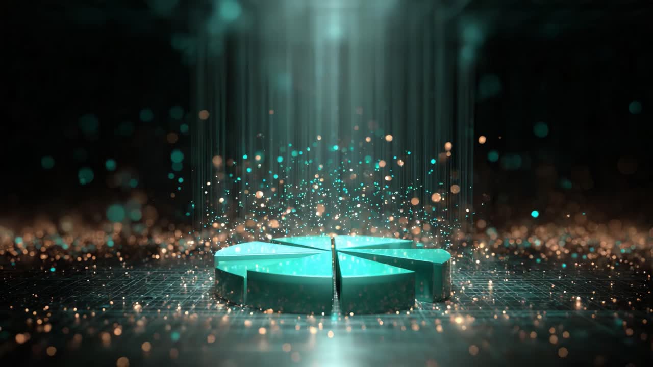 Digital pie chart segments descending and assembling into a whole diagram under a beam of light, visualizing data analysis, market share, and business statistics with glowing, futuristic particles