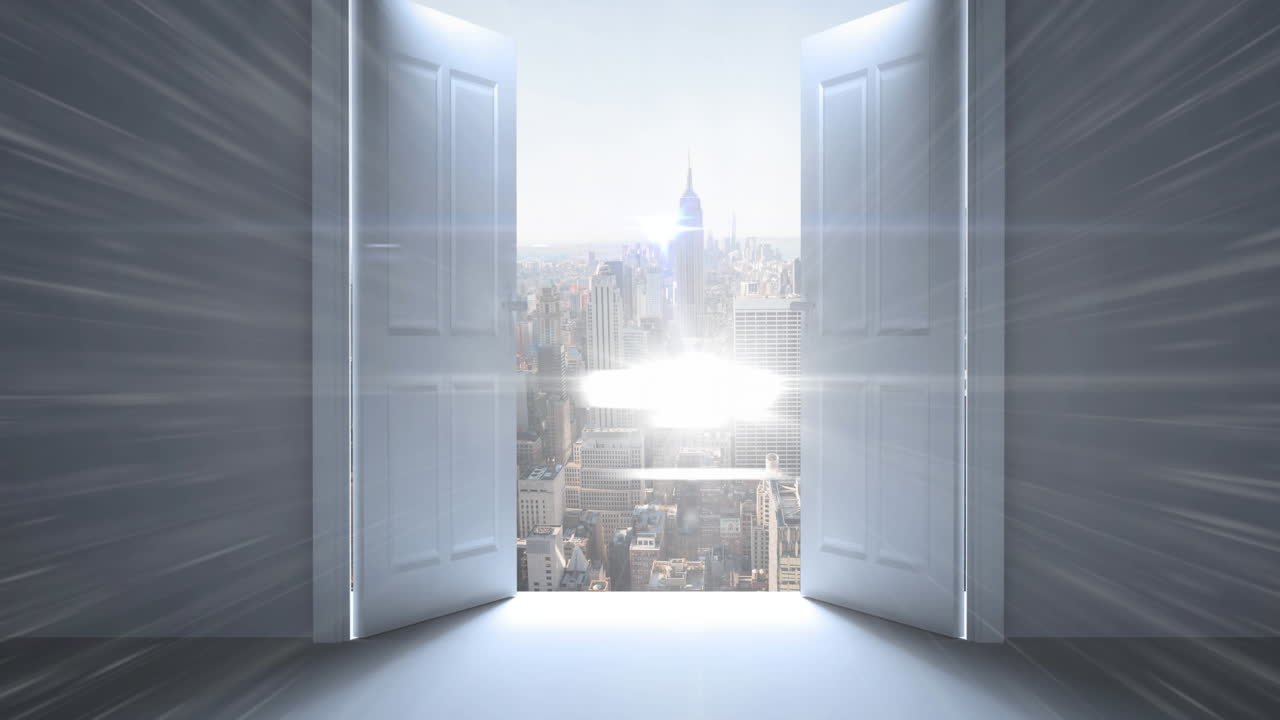 창문을 통해 도시 풍경의 전망에 대한 빛의 밝은 반점