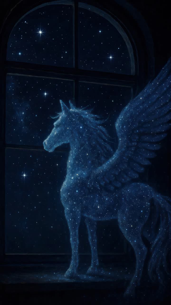 En mystisk Pegasus lavet af stjerner står ved et vindue, set fra en side engel