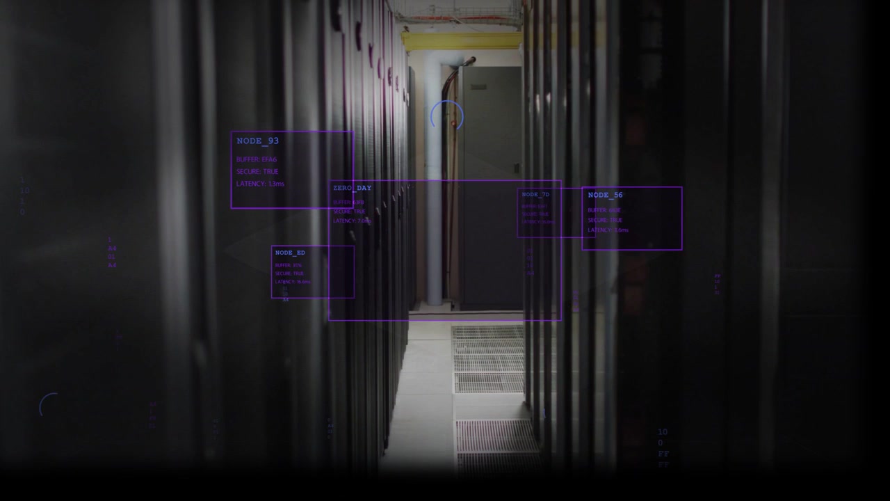 Automated scan starting, aisle receiving HUD labels while monitoring data center racks