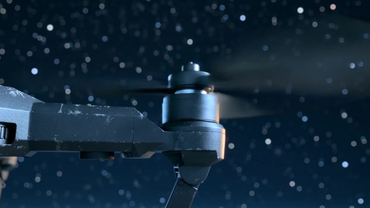 Powering drone right-arm motor spinning rotor in dark sky for test showing worn arm strut