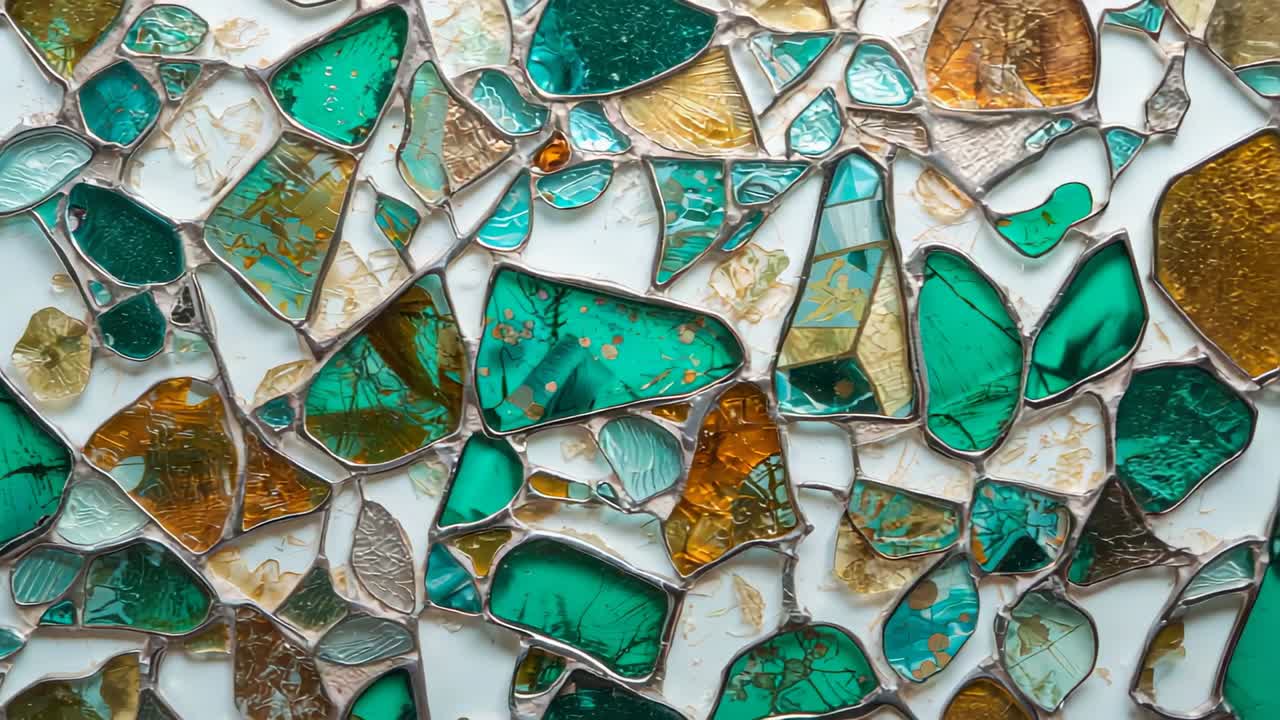 Camera starting panning across mosaic in gallery showing emerald amber translucent fragments