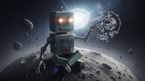 a whimsical exploration of a charming robot sitting on a moonlit surface, contemplating mathematical formulas amidst galaxies and asteroids in a vibrant cosmic scene.