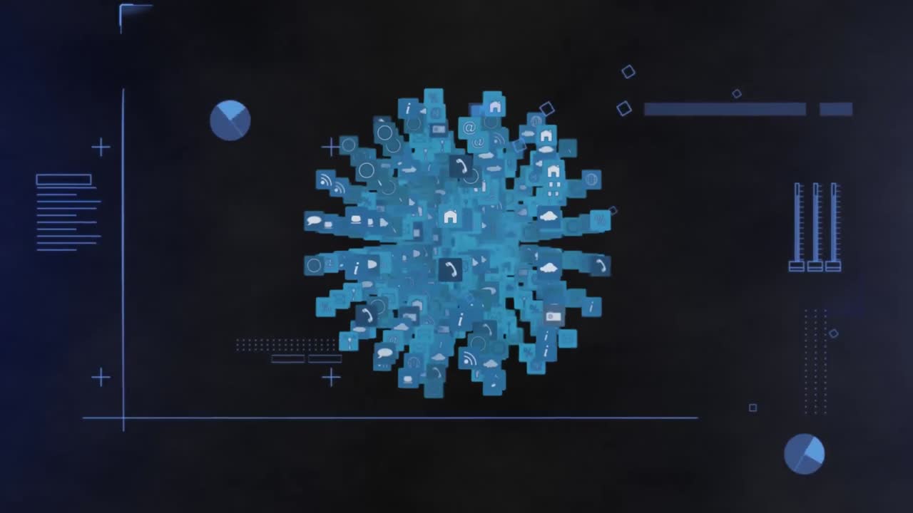 Animation of globe with icons spinning and data processing on blue background