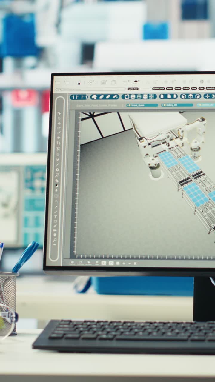 Vertical Video Pc In Photovoltaics Factory Used To Oversee Performance Of Robot Arms, Closeup