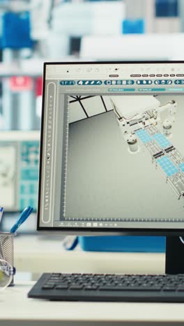 vertical video pc in photovoltaics factory used to oversee performance of robot arms, closeup