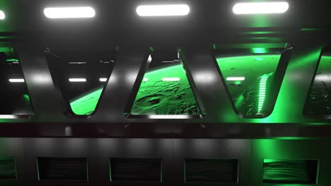 sci-fi tunnel in outer space with neon light. planet mars outside the window of the spaceship. space technology concept. 3d animation of a seamless loop