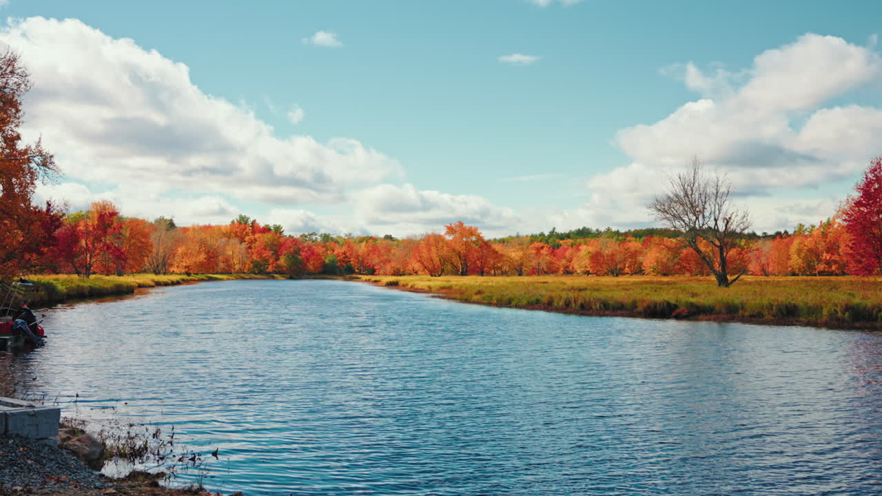 Picturesque view of the Kejimkujik National Park in autumn. View of the river and colorful tree foliage. Scenic landscape. Serene wilderness sanctuary. Dense forest and pristine lakes.