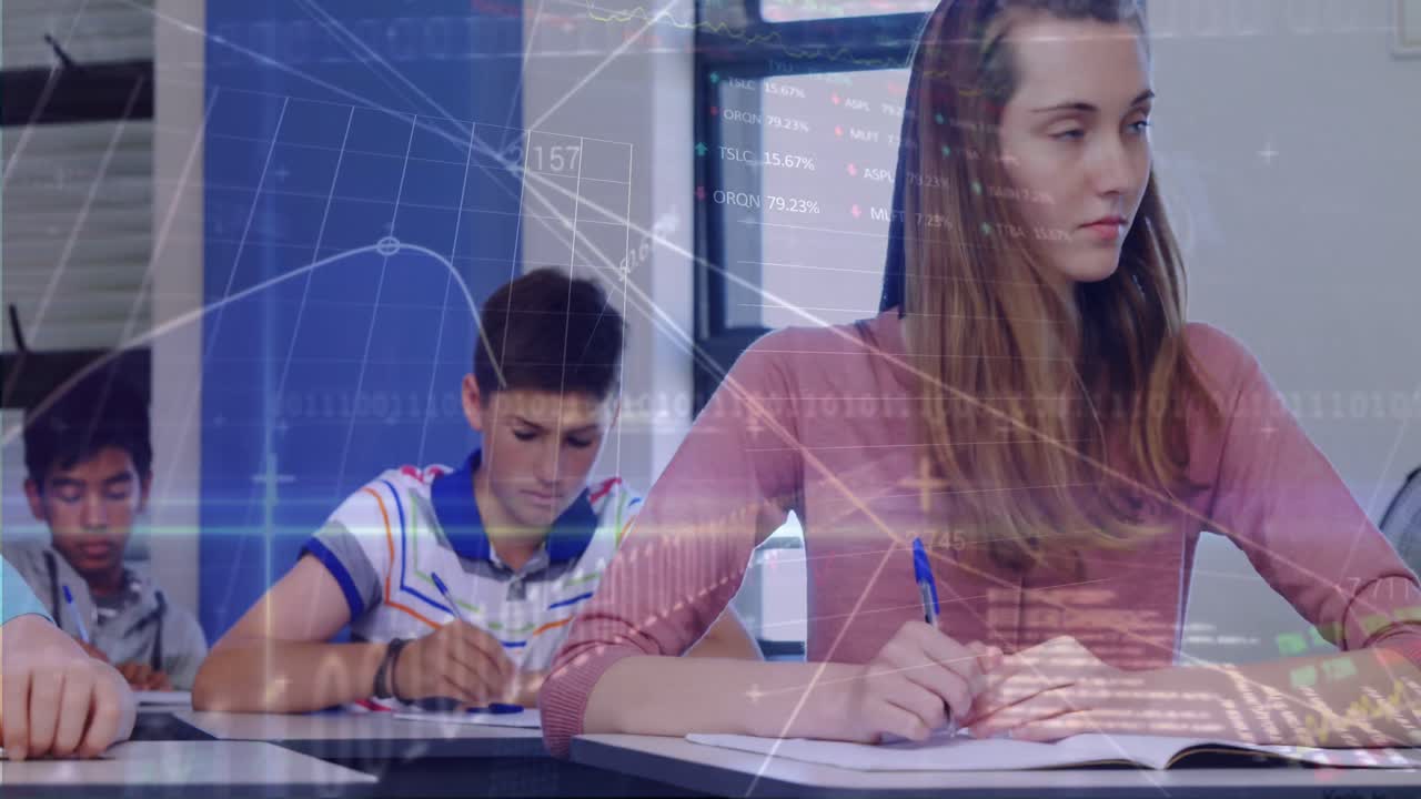 datos gráficos sobre una colegiala en el aula escribiendo una nota.