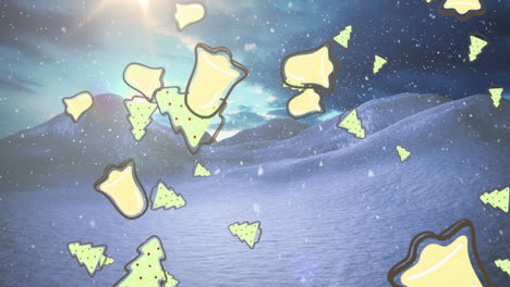 animation of snow falling over christmas tree and bell icons falling on winter landscape