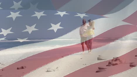 Animation-of-senior-caucasian-couple-holding-hands-on-beach-over-flag-of-united-states-of-america