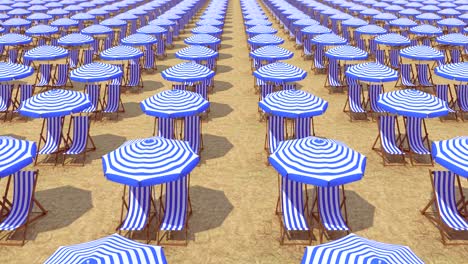 un montón de sombrillas y sillas de terraza en la playa vacía en el verano, bucle de animación 3d