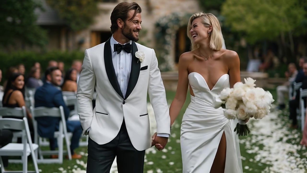 Sposi felici che camminano insieme lungo la navata a una cerimonia di matrimonio all'aperto.