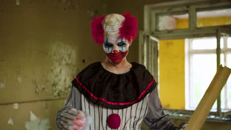 payaso aterrador en una casa abandonada