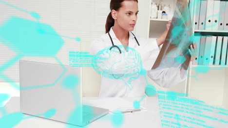 Examining-X-ray,-doctor-processing-brain-data-animation-in-medical-office-background