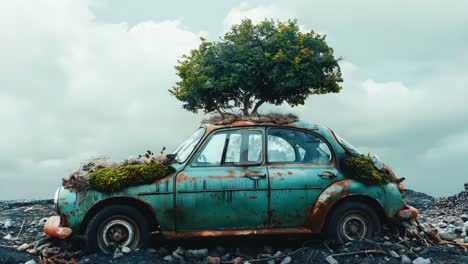 un coche con un árbol en la parte superior sentado en una playa rocosa