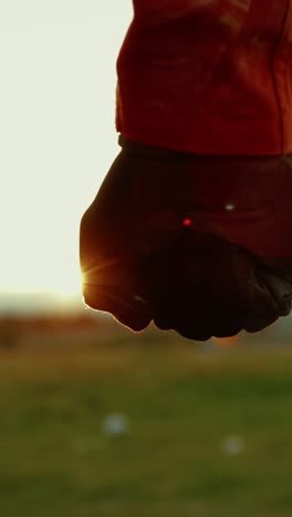 hand of an astronaut with glove shakes a fist in front of a wasteland at sunset