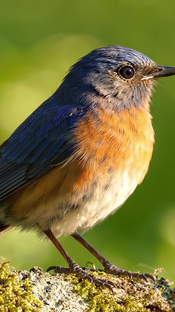 Un magnifico uccello azzurro appollaiato con grazia su un terreno muschioso, mostrando il suo piumaggio vibrante contro uno sfondo verde leggermente sfocato