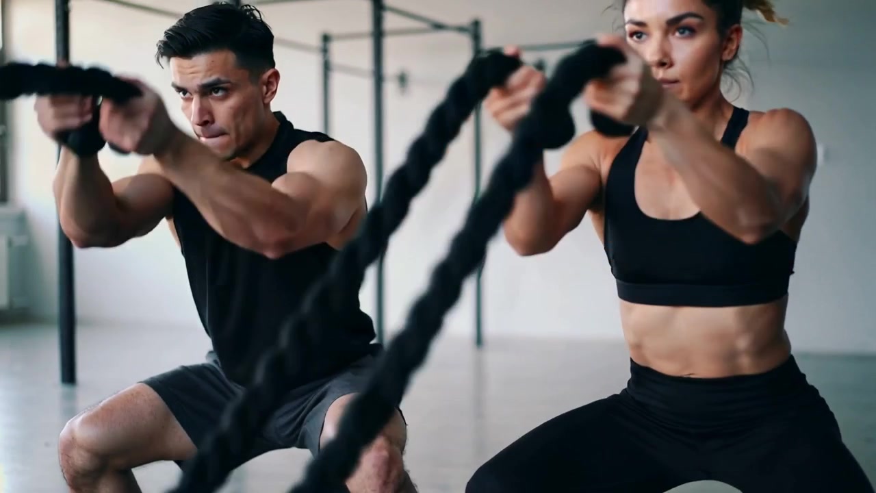 Iniciando un tirón, pareja (hombre y mujer) haciendo olas con cuerdas de batalla en el gimnasio, con ropa deportiva negra para entrenar