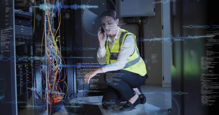 Tech kneeling at rack, tapping PC while phoning, showing network code overlay and rerouting cables