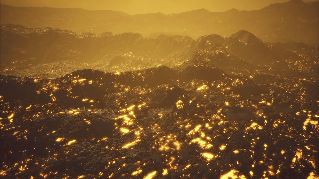 Lava landscape under haze at dusk with glowing surface and distant mountains
