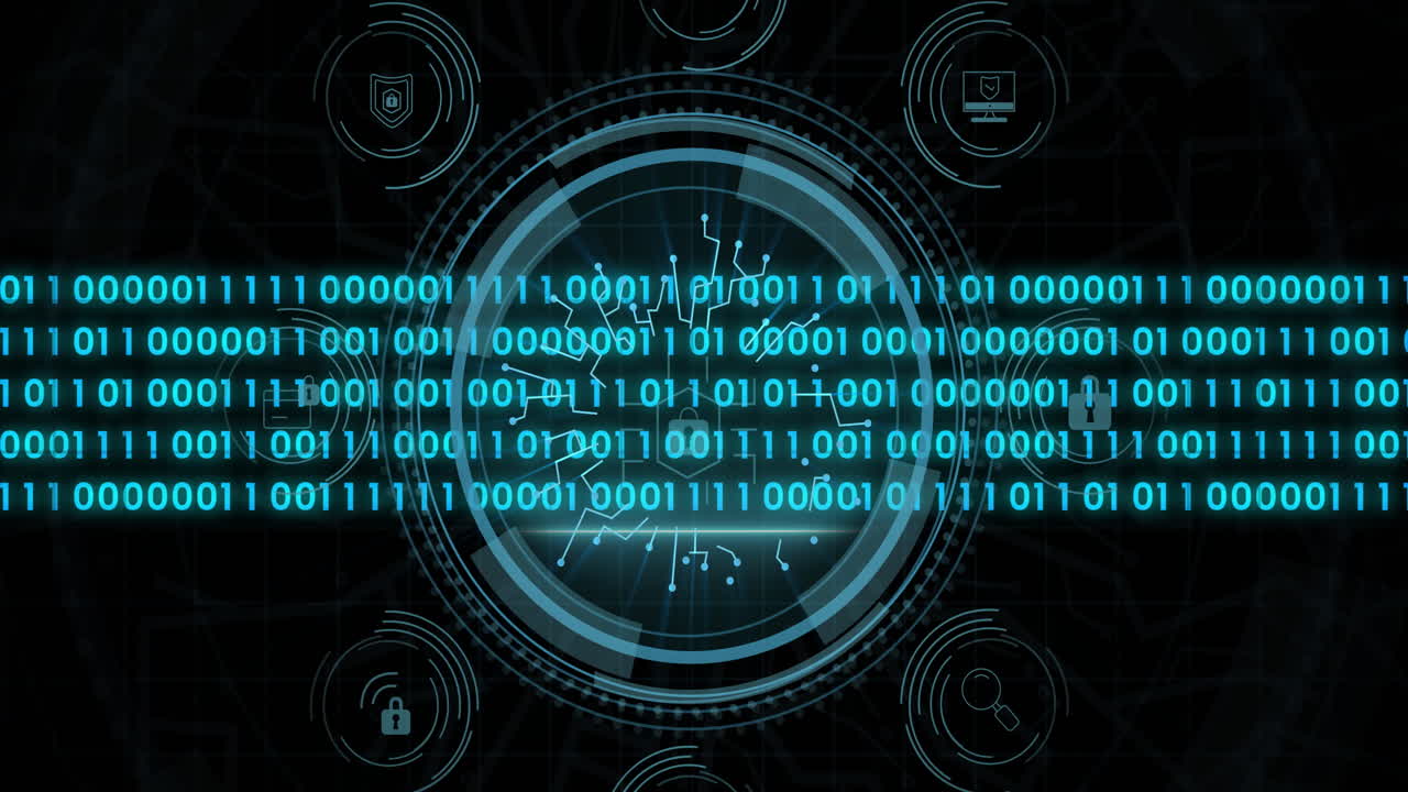 Animation of data processing over padlock icon and scope scanning
