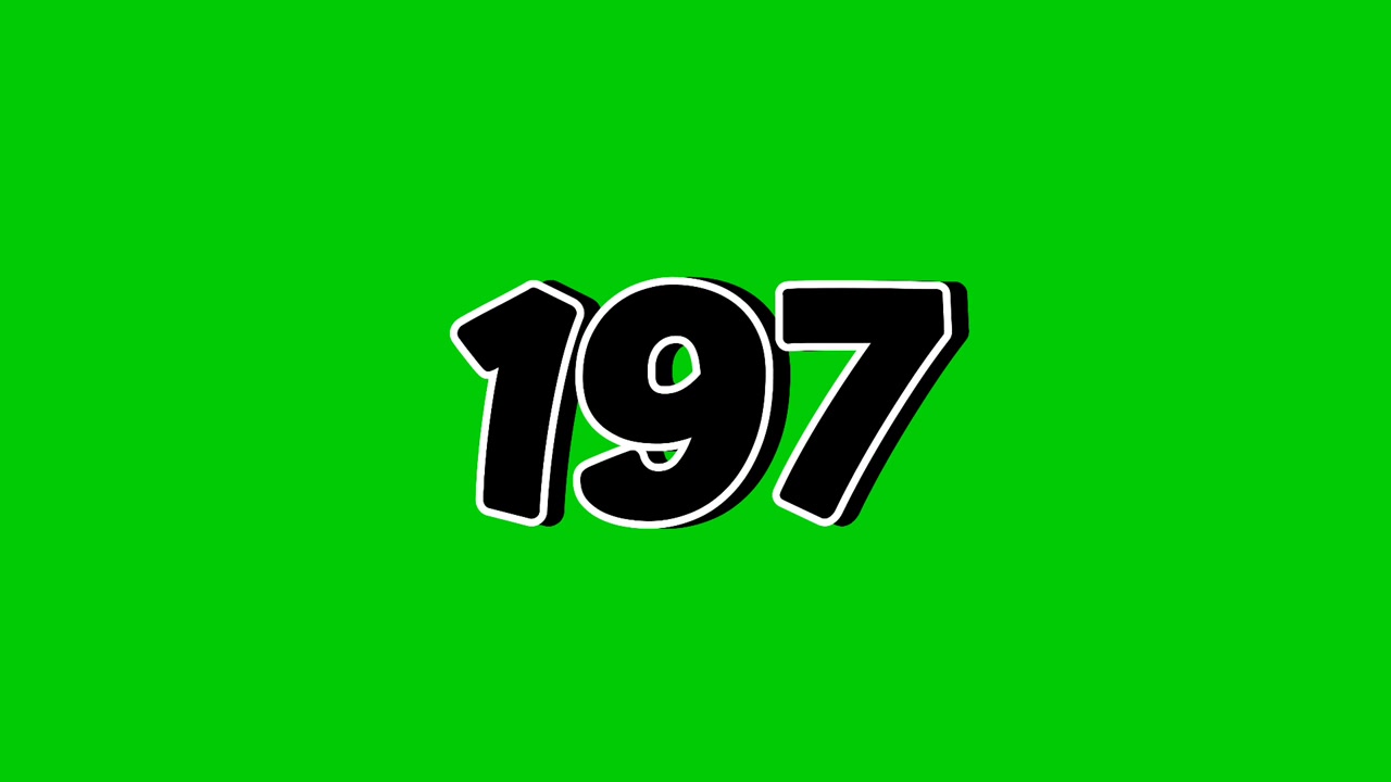 Animazione di rivelazione del numero 197 con effetto fumo su schermo verde, elemento grafico in movimento in stile cartone animato nero.