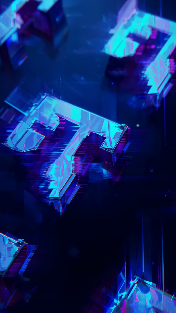 Vertical video: Looping 3D neon T pulsing in cyberspace for reveal animation, with glitch effects