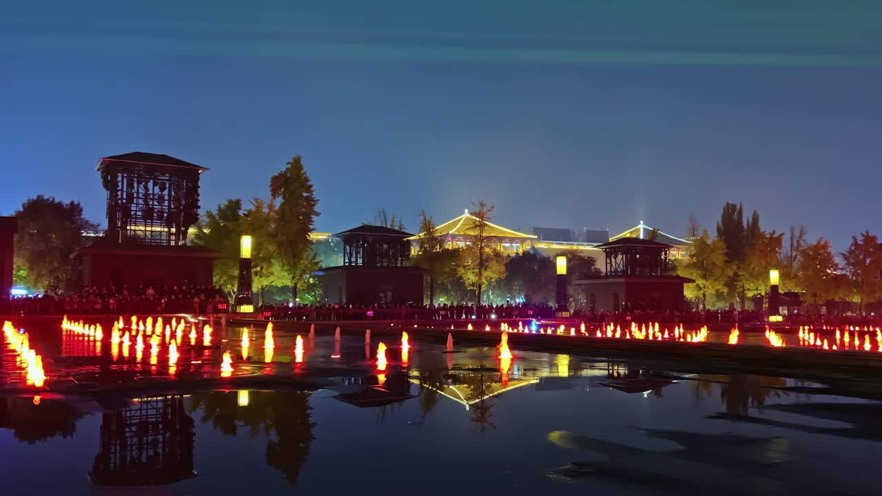 Musical Fountain, Giant Wild Goose Pagoda, Xi'an, China - Vibrant Nighttime Displays Feature Colorful Lights and Music-synced Water Jets - Static Shot