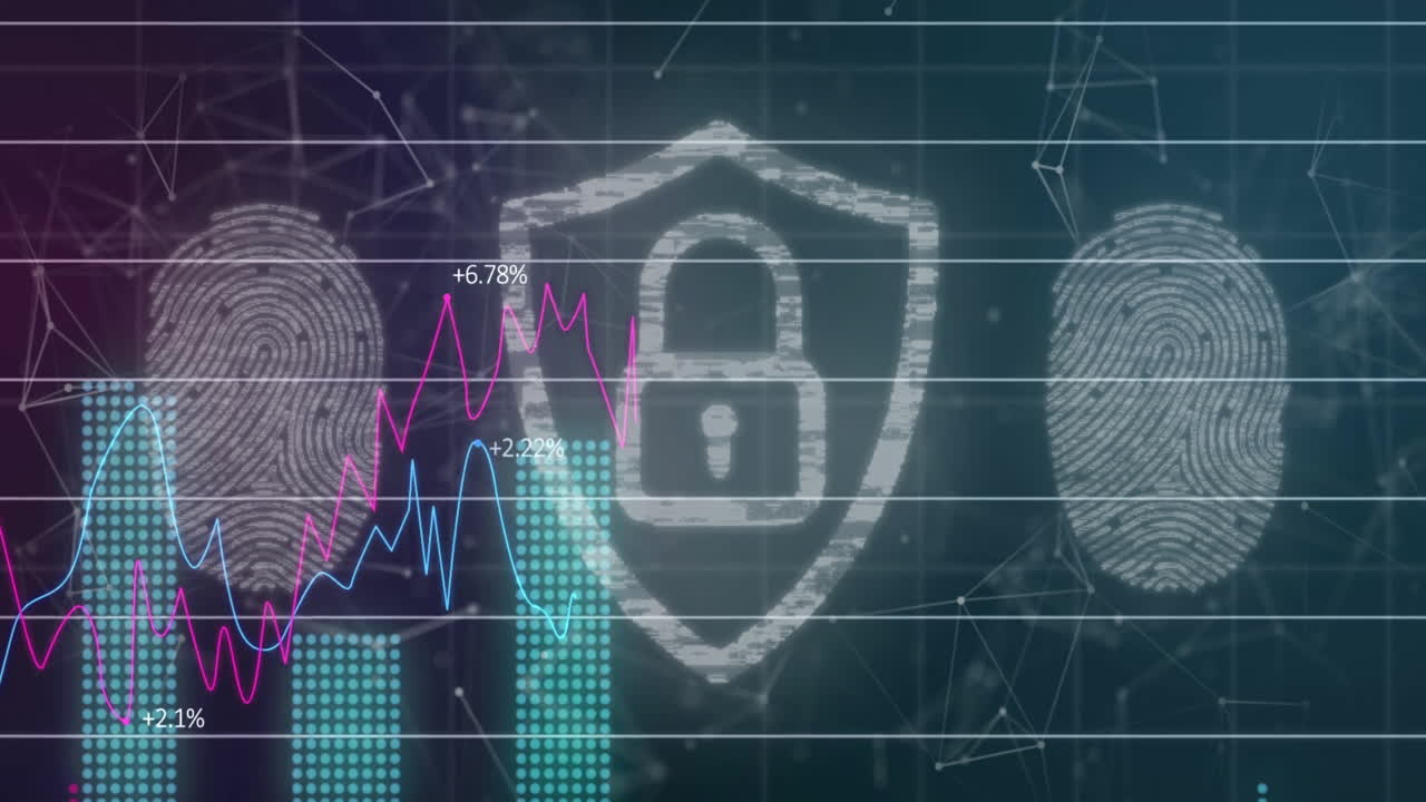 파들록, 생체인식 지문 및 금융 데이터 처리의 애니메이션이 어두운 배경에 있습니다.