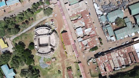 Urban-landscape-of-developing-village-Loitokitok,-Kenya,-aerial-top-down