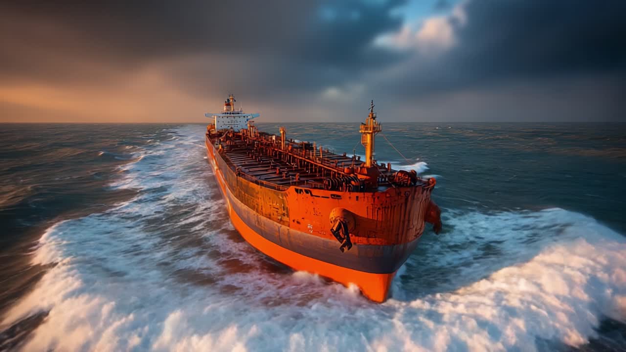 Um Petroleiro Majestoso Navegando Através de Ondas Turbulentas Sob um Céu Dramático: Capturando o Poder do Oceano e da Engenharia Humana em Harmonia.