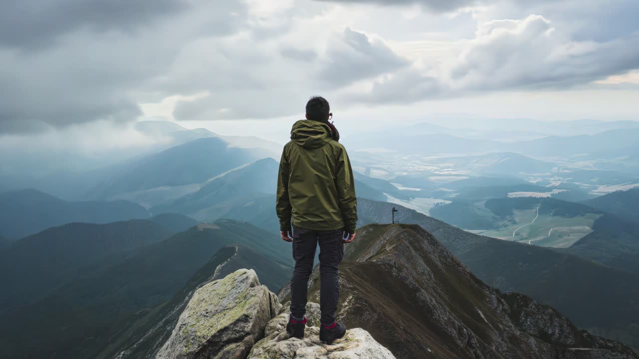 Majestic mountains and cloudy sky provide the backdrop for a hiker standing on a rocky peak, enjoying a breathtaking view of the valley below