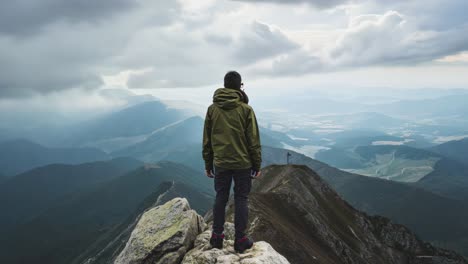 majestic mountains and cloudy sky provide the backdrop for a hiker standing on a rocky peak, enjoying a breathtaking view of the valley below