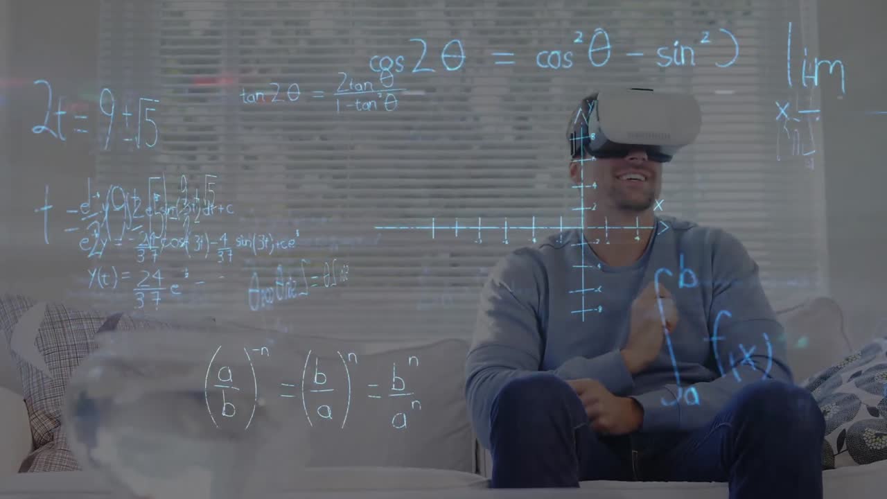 Animation of mathematical drawings and equations over man wearing vr headset