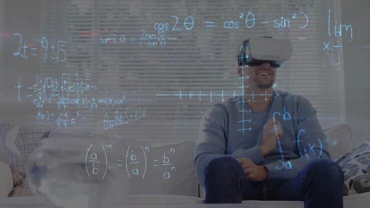 Animation of mathematical drawings and equations over man wearing vr headset