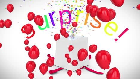 sorpresa, globos y presente sobre un fondo blanco