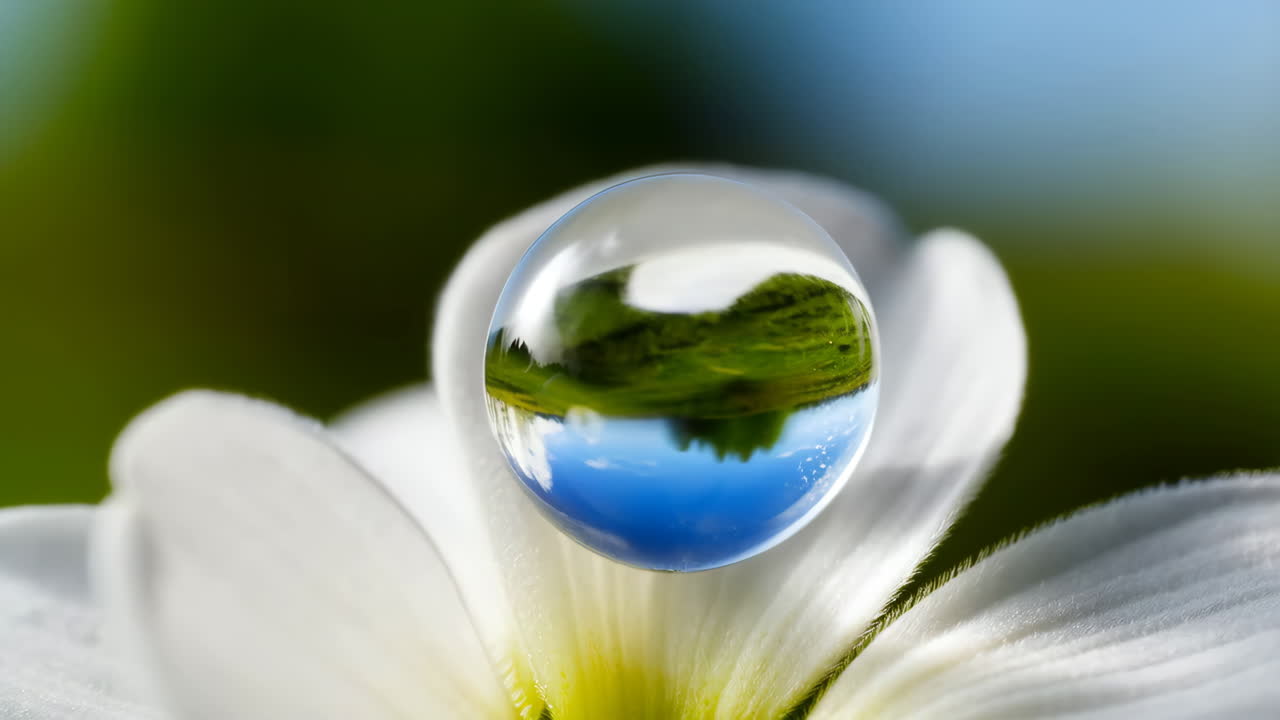 Macro shot of a crystal ball reflecting a natural landscape on a white flower