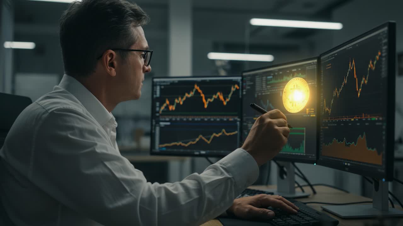 A focused individual analyzing cryptocurrency trends on multiple monitors, holding a Bitcoin symbol, showcasing the world of digital finance and investment analytics